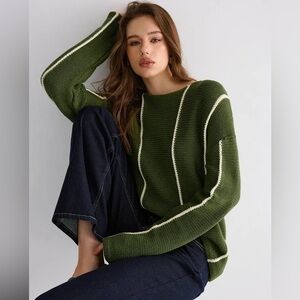 COMMENSE LARGE Olive Green Striped Women's Sweater